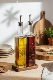 Resim Snippy Safir - 2'li Ahşap Standlı Cam Zeytinyağı Sıvıyağ Şişesi Yağdanlık Damlatmaz Yağlık Sirkelik 500ml Ahşap 