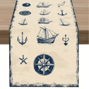 Resim 1 Adet Çapa, Yelkenli ve Pusula Tasarımlı Vintage Denizcilik Masa Koşucusu - %100 Keten Rustik Sahil Dekoru İç/Dış Mekan Kullanımı için, Eskitilmiş Kenarlar, Dayanıklı & Kolay Temizlenir, Yemek Masaları, Kahve Masaları, Tatil Toplantıları, Tatil Masa Örtüsü için Mükemmel | Eskitme Bitiş 