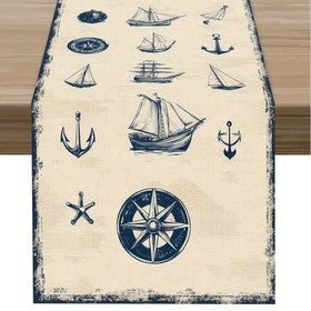 Resim 1 Adet Çapa, Yelkenli ve Pusula Tasarımlı Vintage Denizcilik Masa Koşucusu - %100 Keten Rustik Sahil Dekoru İç/Dış Mekan Kullanımı için, Eskitilmiş Kenarlar, Dayanıklı & Kolay Temizlenir, Yemek Masaları, Kahve Masaları, Tatil Toplantıları, Tatil Masa Örtüsü için Mükemmel | Eskitme Bitiş 