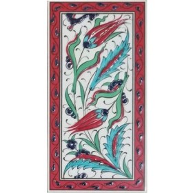 Resim Armada Çini 10x20 Cm ED 226 Kırmızı Çerçeve iki lale El dekoru Çini Karo 