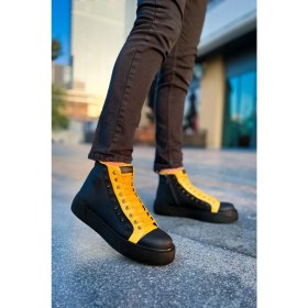 Resim pabucmarketi Fermuarlı Bağcık Detaylı Erkek Sneaker Bot Siyah Sarı 