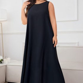 Resim Plus Beden, Orta Doğu Tarzı Avrupa ve Amerikan Modası Yuvarlak Yaka Kolsuz Oversize Siyah Üst Elbise 