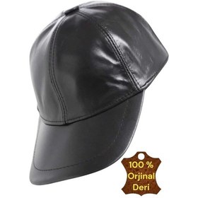 Resim Unisex %100 Deri Arkadan Ayarlanabilir Baseball Kep Şapka Siyah 