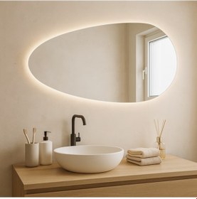 Resim 35x70 Cm Modern Oval Led Banyo Aynası Dokunmatik Dim Edilebilir, 3000k Günışığı Sarı 