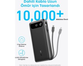Resim Anker Powerbank (20.000 mAh, 87W, Dahili USB-C Kablo) - Siyah - Macbook, iPhone 16/15 Serisi, Samsung, Switch Uyumlu - A1383 (Anker Türkiye Garantili) 