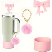 Resim 3 adet Pembe Stanley Tumbler Aksesuar Seti - Şık Zincir, Kurdele Hasır Kapak, Silikon Bot - 40oz/30oz Tutma Kavanozları İçin Uygun - Tüy Yok, Elektrikli Parti Dekor Aksesuarları Yok 