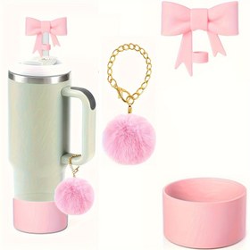Resim 3 adet Pembe Stanley Tumbler Aksesuar Seti - Şık Zincir, Kurdele Hasır Kapak, Silikon Bot - 40oz/30oz Tutma Kavanozları İçin Uygun - Tüy Yok, Elektrikli Parti Dekor Aksesuarları Yok 