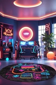 Resim Perk Gamer Halısı Şönil Pamuk Tabanlı Kaymaz Yuvarlak Gaming Oyuncu Odası Halısı 100x100 