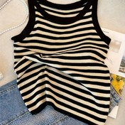 Resim Kadınlar İçin Şık Çizgili Tank Top - Ice Sliky Fiber Kumaş, Orta Esnek Yuvarlak Yaka, Siyah & Beyaz Dikey Çizgiler, Günlük ve Resmi Kıyafetler için Her Mevsim Uygun Katmanlama Parçası, Kıyafeti Güzelleştirici, Rahat Kalıp 