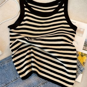Resim Kadınlar İçin Şık Çizgili Tank Top - Ice Sliky Fiber Kumaş, Orta Esnek Yuvarlak Yaka, Siyah & Beyaz Dikey Çizgiler, Günlük ve Resmi Kıyafetler için Her Mevsim Uygun Katmanlama Parçası, Kıyafeti Güzelleştirici, Rahat Kalıp 