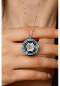 Resim Roza Silver Mix Taşlı Rodyum Nazar Boncuğu Gümüş Kolye 