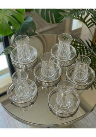 Resim Elta Collection 12 Parça 6 Kişilik Kristal Kesim Çay Takımı Cam Çay Bardağı Ve Tabak Seti Gümüş 