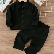 Resim İki Paket Dört Mevsim Erkek Bebek Jakar Desenli Düz Renk Uzun Kollu Gömlek ve Pantolon Takımı & Çocuklar İçin Günlük Parti Kıyafeti, Dış Mekan Kullanımına Uygun 