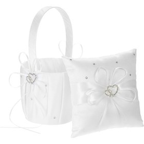 Resim Tenfowee Şık Düğün Seti: Beyaz Atlas Kurdeleli Çift Kalp Çiçek Sepeti Ve 15x15cm Yüzük Yastığı 