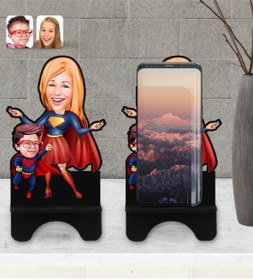 Resim Bk Gift Kişiye Özel Süper Anne Çocuk Karikatürlü Ahşap Biblo Telefon Standı-1 