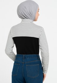 Resim mirach Beyaz Çizgili Dik Yaka Boyunluklu Kolluk Penye Pamuk Kadın Tesettür Boyunluk Siyah Beyaz 