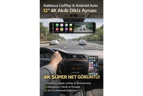 Resim Qifit 12” Dokunmatik Akıllı Dikiz Aynası Kamera CarPlay Android Auto FM Transmitter 4K Çift Kamera 