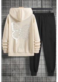 Resim Uyguntarz Unisex Drawing Butterflies Sırt Baskılı Eşofman Takımı Bej 