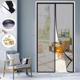 Resim Manyetik Fileli Ekran Kapı Perdesi - Kolay Kurulum, Matkap Gerektirmez, Otomatik Kapanma Dış Mekan & Balkon Kapıları İçin - Çizgili Tasarım ve Kancalar Dahil 