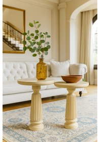 Resim Minimalist Tarz 2 Li Krem Masif Ahşap Zigon Sehpa Seti Beyaz 