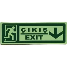 Resim Çizgi Yangın Söndürme 30X10 cm Fosforlu Yangın Uyarı (Exit-Çıkış) Uyarı Levhası (Aşağı Yön) 