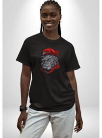 Resim Kırmızı Şapka Maymun Pamuklu Bisiklet Yaka Unisex Oversize Boyfriend Dijital Baskılı Siyah T-shirt Siyah 