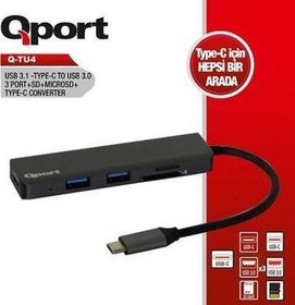 Resim Q TU4 3port Type-C USB 3.0 Kart Okuyucu Siyah USB Çoklayıcı Hub Qport