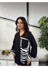 Resim Kadın Beyaz Zebra Desenli Cepli Oversize Gömlek , Tunik Siyah 