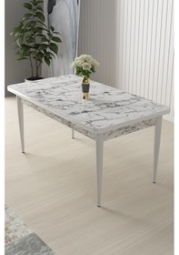 Resim Canisa Nil Serisi Beyaz Mermer Desen 70x110 Sabit Yemek Masası Metal Ayak Beyaz Mermer Desen Masa 
