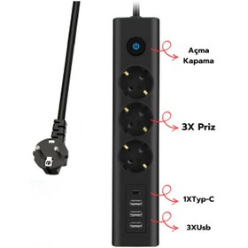 Resim Fulltech Ftr-13 Akım Korumalı Priz 3'lü Priz 3x USB Girişi 1x TYPE-C Girişi 2mt Kablo Grup Priz 