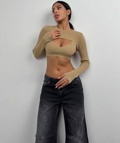 Resim Fitilli Bra Bolero Bej Crop Takım - M 