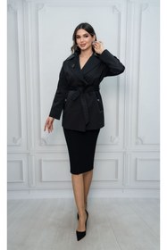 Resim Eccim Fashion Deri Yakalı Cepli Broşlu Astarlı Kısa Kadın Ceket Trençkot 
