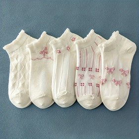 Resim Sevimli Kelebek Desenli 5 Çift Kadın Nefes Alabilir Ayak Bileği Çorapları - Yumuşak Esnek Polyester-Spandeks Karışımı, Kabartmalı Manşet, Makinede Yıkanabilir, Çeşitli Renkler (Pembe/Beyaz/Bej) Günlük ve Resmi Giyim için 