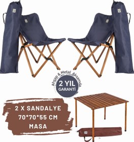 Resim Bag The Joy Ahşap Katlanır Masa Sandalye Seti Kahve Iskelet Lacivert Kılıf 70x70x55 Kahverengi Masa 