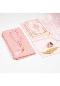 Resim Kuran + Seccade + Tesbih + Zikirmatik + Ayraç Hediye Seti Çanta Boy, Pembe 