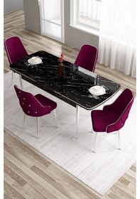 Resim Canisa Tia Serisi 80x132 Mdf Açılabilir Siyah Mermer Desen Krom Detay Masa Takımı Ve 4 Mürdüm Sandalye Masa Siyah Mermer Desen Sandalye Mürdüm 
