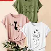 Resim 3 adet Kadın Vintage Kedi Baskılı T-Shirt - Rahat ve Sporlu Kıyafetler için Sevimli Kısa Kollu Yuvarlak Yaka Üstler, Siyah Kedi İllüstrasyonlarıyla Bej Renkli, Bahar/Yaz/Sonbahar için Mükemmel 
