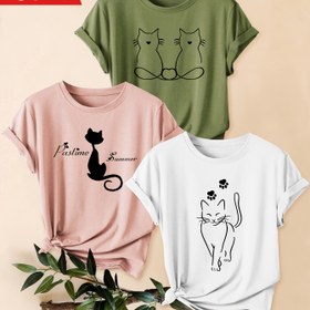 Resim 3 adet Kadın Vintage Kedi Baskılı T-Shirt - Rahat ve Sporlu Kıyafetler için Sevimli Kısa Kollu Yuvarlak Yaka Üstler, Siyah Kedi İllüstrasyonlarıyla Bej Renkli, Bahar/Yaz/Sonbahar için Mükemmel 