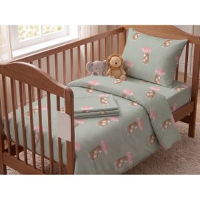 Resim Maki Home Makiteks %100 Pamuklu Pembe Şemsiyeli Ayıcık Desenli Su Yeşili Bebek Nevresim Takımı 