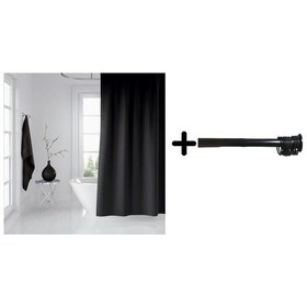Resim Banyo Perdesi Seti Siyah 120x200 Duş Perdesi , 90x130 Banyo Perde Borusu Siyah Askı Aparatı Hediyeli Siyah 