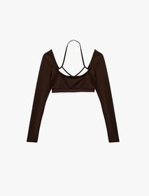 Resim Uzun Kollu Kayık Yaka Askı Detaylı Spor Crop Tişört 