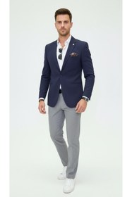 Resim Plus Scorpion Erkek Lacivert Mono Yaka Likralı Blazer Ceket - Esnek Konfor Kumaş, Tek Düğmeli Slim Fit 