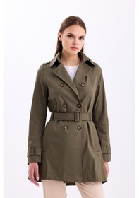 Resim Pastelastore Esnek Pamuk Gabardin Kısa 80cm Omuz Apoletli Kemerli Kadın Trençkot 1120 Haki Yeşil 