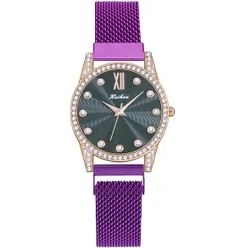 Resim Hanyang Mor Yeni Bayanlar Lüks Saatler Örgü Mıknatıs Toka Kristal Kuvars Izle Kadınlar Için Küçük Rahat Bilezik Saatler Relogio Feminino Saat (Yurt Dışından) 