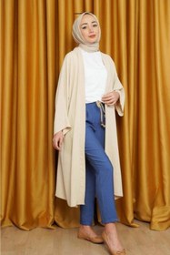 Resim CNG MODA Kadın Bej Ayrobin Kuşaklı Kimono Düz Kimona 