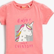 Resim Koton Kız Bebek Unicorn Baskılı Tişört Bisiklet Yaka Pamuklu 