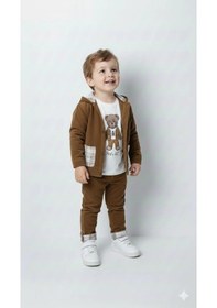 Resim Bontino Erkek Çocuk %100 Pamuk Kadife Hırka, Pantolon Ve Ayıcık Baskılı Sweatli 3'lü Premium Seri S.kahve 