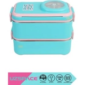 Resim 1200ML Lunchbox 2 Katlı 4 Bölmeli Mini Kaseli Çelik Sefer Tası Yemek Kutusu (Turkuaz-Pembe) 