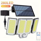 Resim 280 LED Dış Mekan Güneş Işıkları Hareket Sensörü ile, IP44 Güneş Işıkları Uzaktan Kumanda ile, 3 Mod, 3 Başlıklı Güneş Sel Işığı Veranda, Garaj, Sundurma, Bahçe için 
