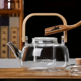 Resim Borosilikat Cam Bambu Kapaklı ve Bambu Saplı Bitki Çayı Demliği 1000 ml 